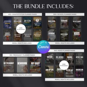 7500 Digital Planner Pages Bundle PLR MRR Editable Canva Templates w/ Resell Rights Business Sport Fitness Wellness Mindset Plr Planners