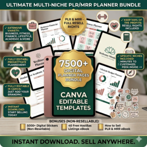 7500 Digital Planner Pages Bundle PLR MRR Editable Canva Templates w/ Resell Rights Business Sport Fitness Wellness Mindset Plr Planners